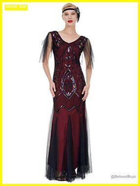 Art Deco Sequin Maxi Dress V-Neck Tulle Sleeves Gatsby Formal